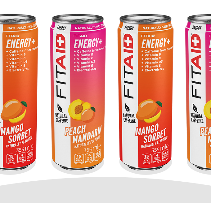 Cans of FITAID Energy Mango Sorbet, FITAID Energy Peach Mandarin