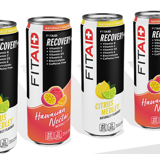 Cans of FITAID Citrus Medley, FITAID Hawaiian Nectar, FITAID RX
