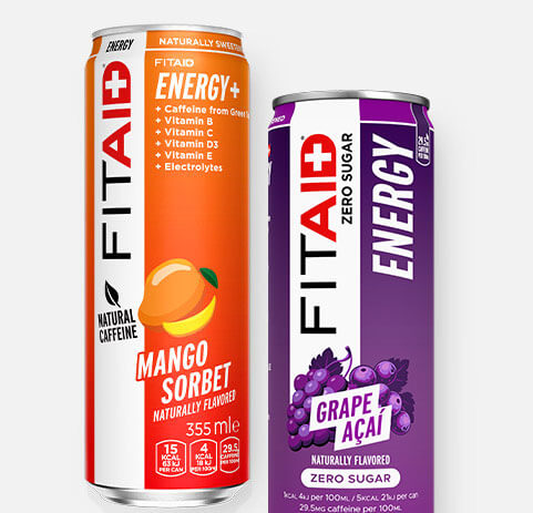 Cans of FITAID Energy Mango Sorbet, FITAID Energy Grape Açaí