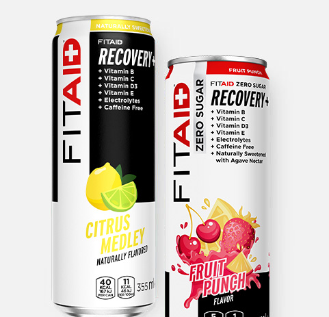Cans of FITAID Citrus Medley, FITAID Zero Fruit Punch