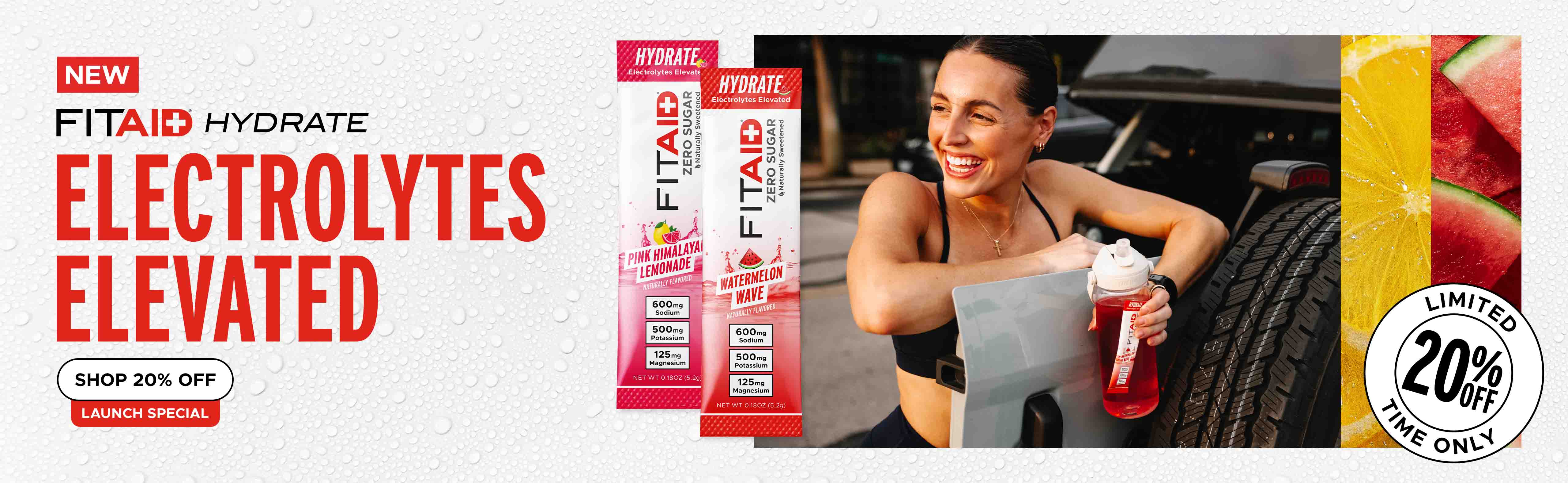 New FITAID Hydrate electrolytes elevated shop 20% off launch special.
